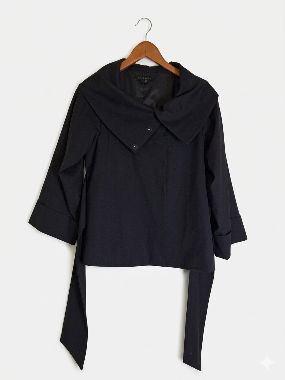 Theory Sheena Black Belted Wrap Draped Collar Pleated Back Jacket Coat Size P
